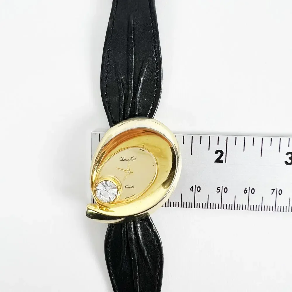 Vintage Renee Nicol quartz watch gold rhinestone diamond and black band working